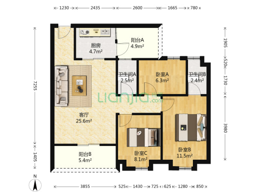 喜联大厦 3室1厅2卫 85平方