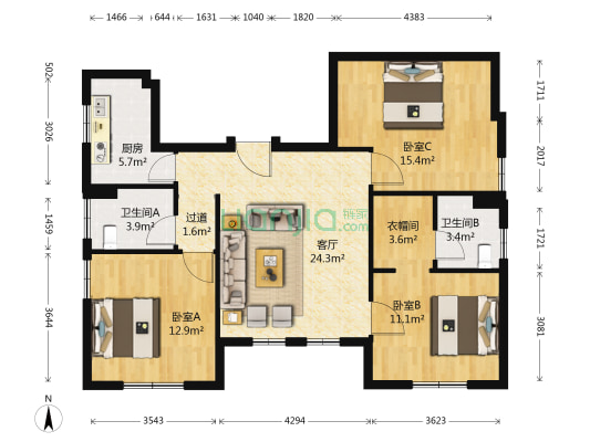 天房麗山 3室1厅2卫 123平方