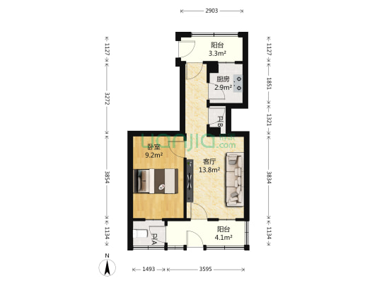 市粮宿舍 1室1厅2卫 34平方