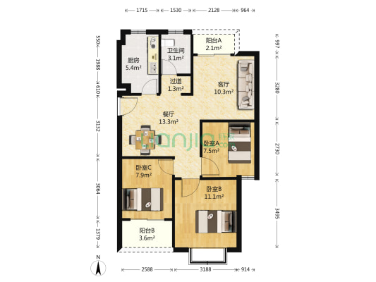港汇广场 3室2厅1卫 90平方