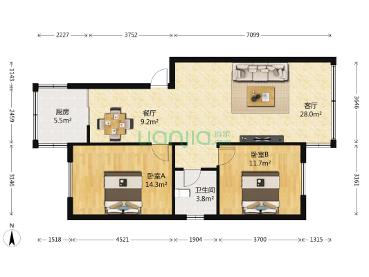 东康花园 2室2厅1卫 90平方