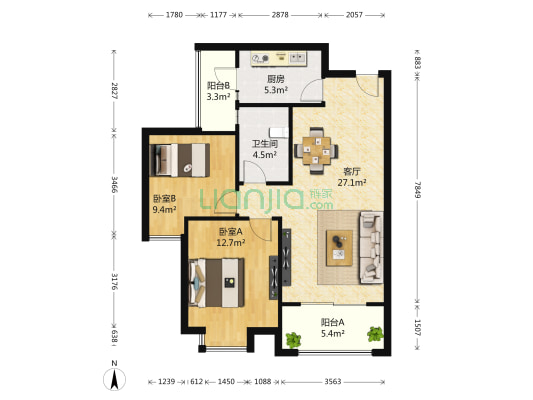贵通御苑雙楠城 2室1厅1卫 80平方