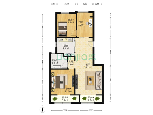 世嘉博苑 3室1厅1卫 95平方
