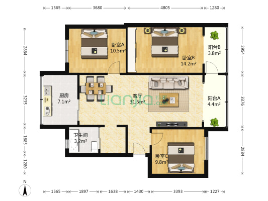 干警宿舍 3室1厅1卫 91平方