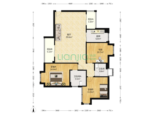 越秀国际金融汇 3室1厅2卫 127平方