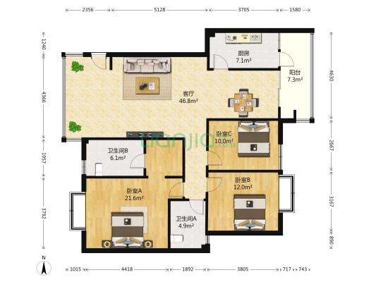天府江南A区 3室1厅2卫 125平方