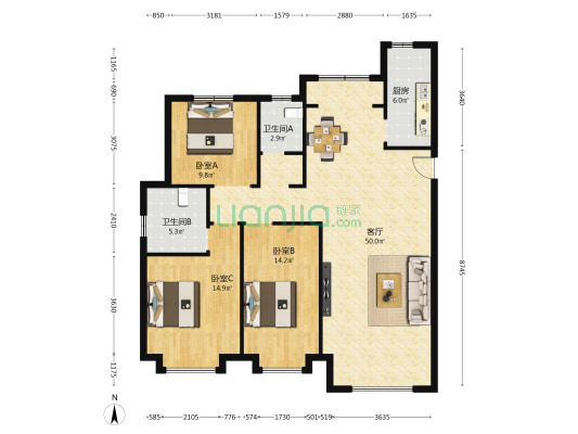中建城六期 3室1厅2卫 139平方