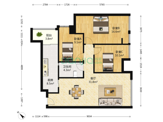 中铁奥维尔二期 3室1厅1卫 89平方