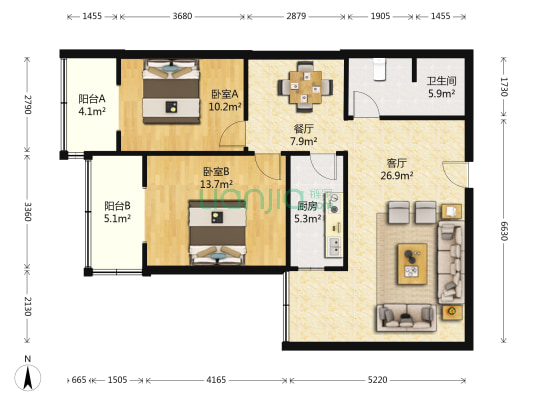 天宝国际壹号小区 2室2厅1卫 101平方