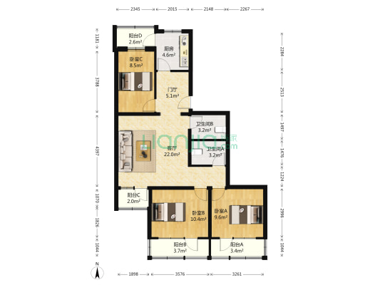 九龙山庄三区 3室1厅2卫 107平方