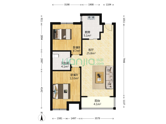 万达中央公馆 2室1厅1卫 84平方