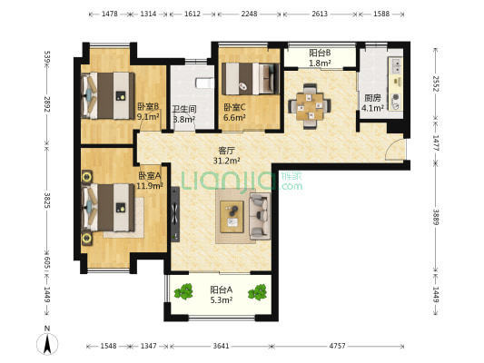 中海锦城国际 3室1厅1卫 97平方