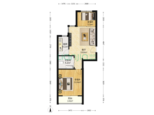 东城国际 2室1厅1卫 65平方