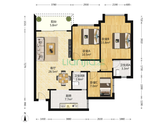 江尚怡景 3室1厅2卫 96平方