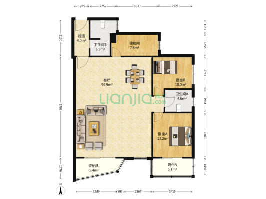 新华大厦 2室1厅2卫 158平方