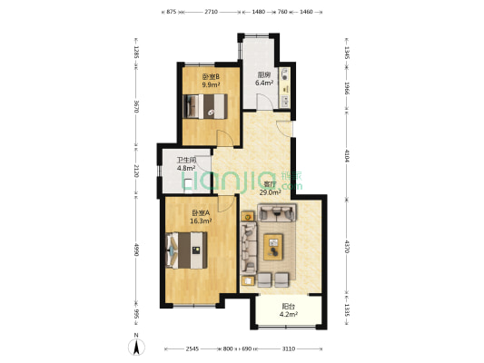 天鹅湖1号 2室1厅1卫 93平方