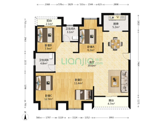 东原乐见城一期 4室1厅2卫 130平方
