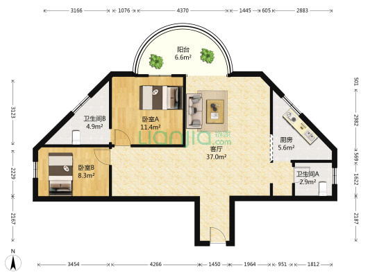 吉祥国际 2室1厅2卫 111平方