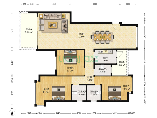 水晶湾花园 3室1厅3卫 132平方