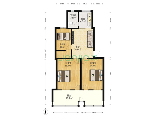 煤矿疗养院宿舍 3室1厅1卫 77平方