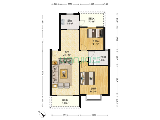 山水田园 2室1厅1卫 84平方