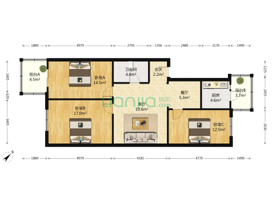 振兴街 3室2厅1卫 104平方