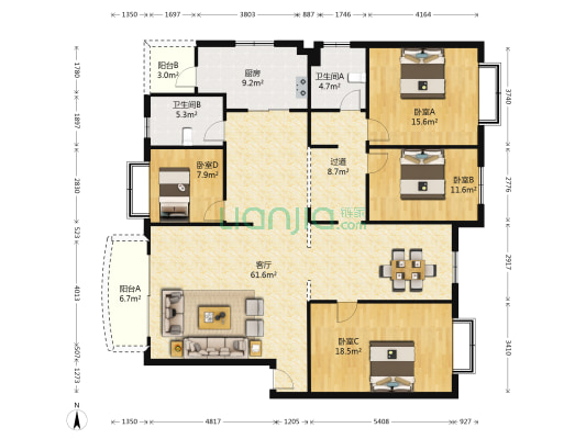 阳光花园东苑 4室1厅2卫 176平方