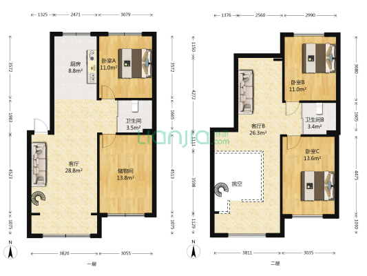 天润中华城B区 3室2厅2卫 93平方