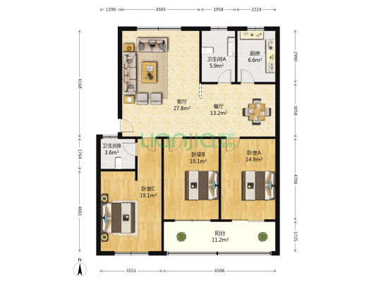 亚星花园 3室2厅2卫 135平方