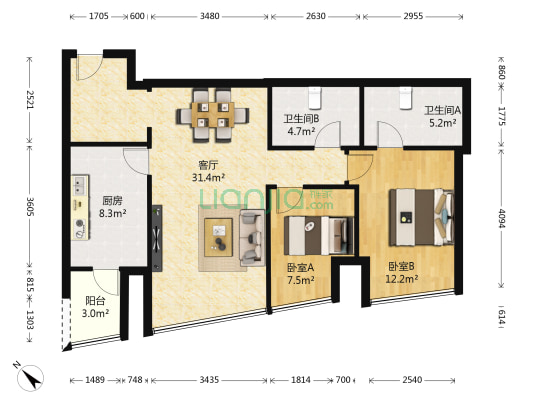 恒大广场 2室1厅2卫 96平方