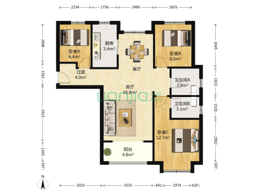 鑫江水青花都 3室1厅2卫 116平方