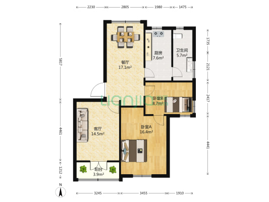 潼港七村 2室2厅1卫 87平方