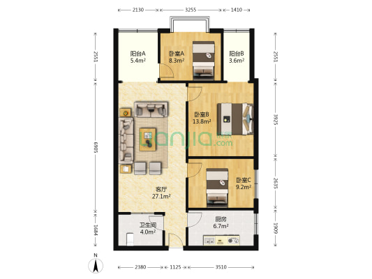 渝津花园 3室1厅1卫 98平方