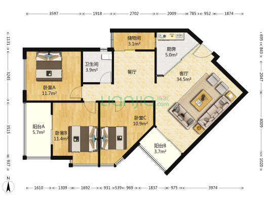 百家湖国际花园 3室1厅1卫 112平方