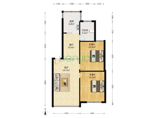 新都花园 2室2厅1卫 93平方