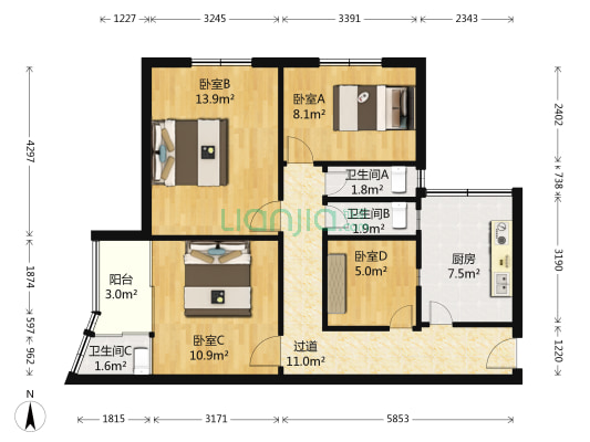 艺丰花园A区 4室0厅3卫 73平方