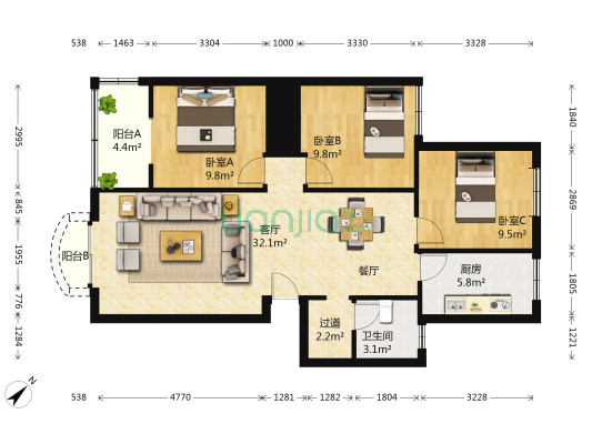 金竹苑C区 3室1厅1卫 104平方