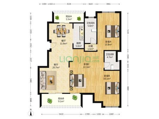 江南幸福里 3室2厅2卫 135平方