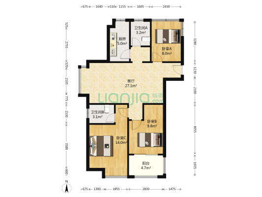 紫御东方一期 3室1厅2卫 106平方