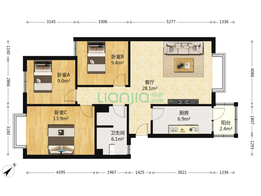 丽景欣城二期 3室1厅1卫 90平方