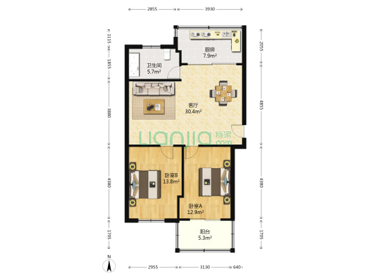 华盛菜场商住楼 2室1厅1卫 91平方