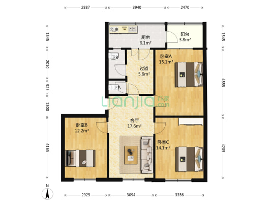 松北二区 3室1厅2卫 107平方