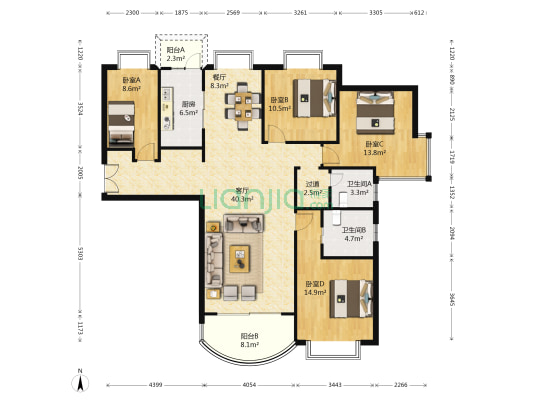 蔚蓝海岸天科苑 4室2厅2卫 166平方