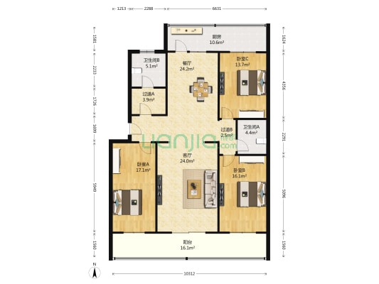 振头供销社宿舍 3室2厅2卫 158平方