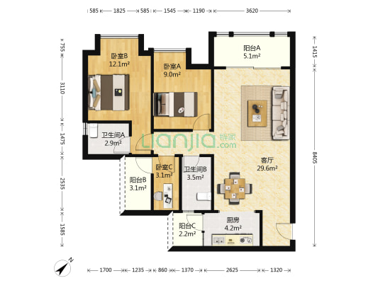 幸福佳苑 3室1厅2卫 93平方