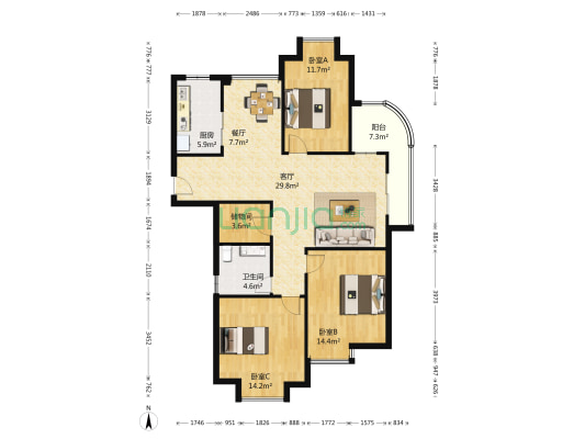 天伦琥珀名城 3室2厅1卫 142平方