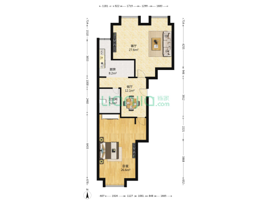 金海国际南区 1室2厅1卫 107平方