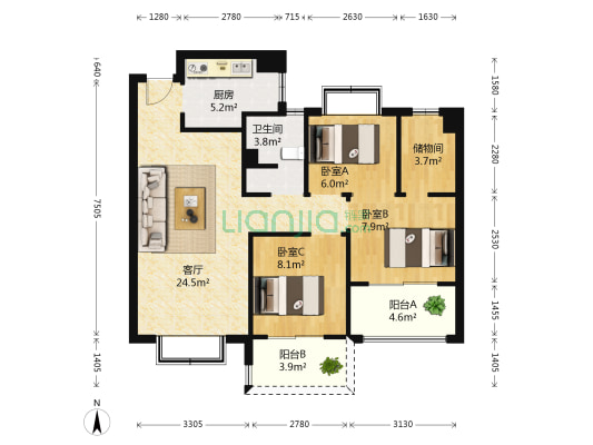 奥克斯缔逸城 3室1厅1卫 87平方