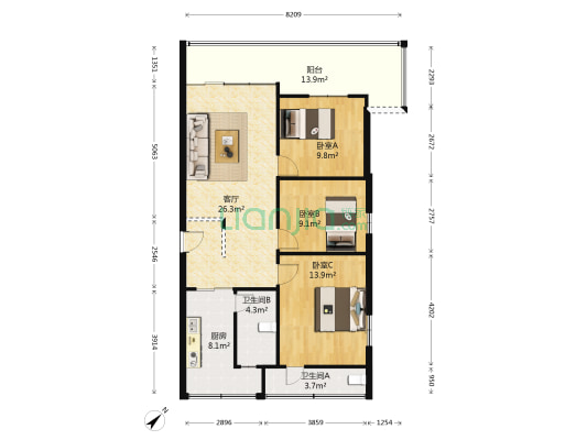鹏湾丽苑 3室1厅2卫 74平方