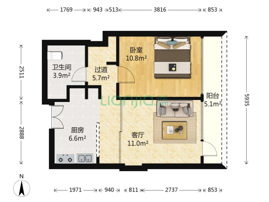 三空间 1室1厅1卫 66平方